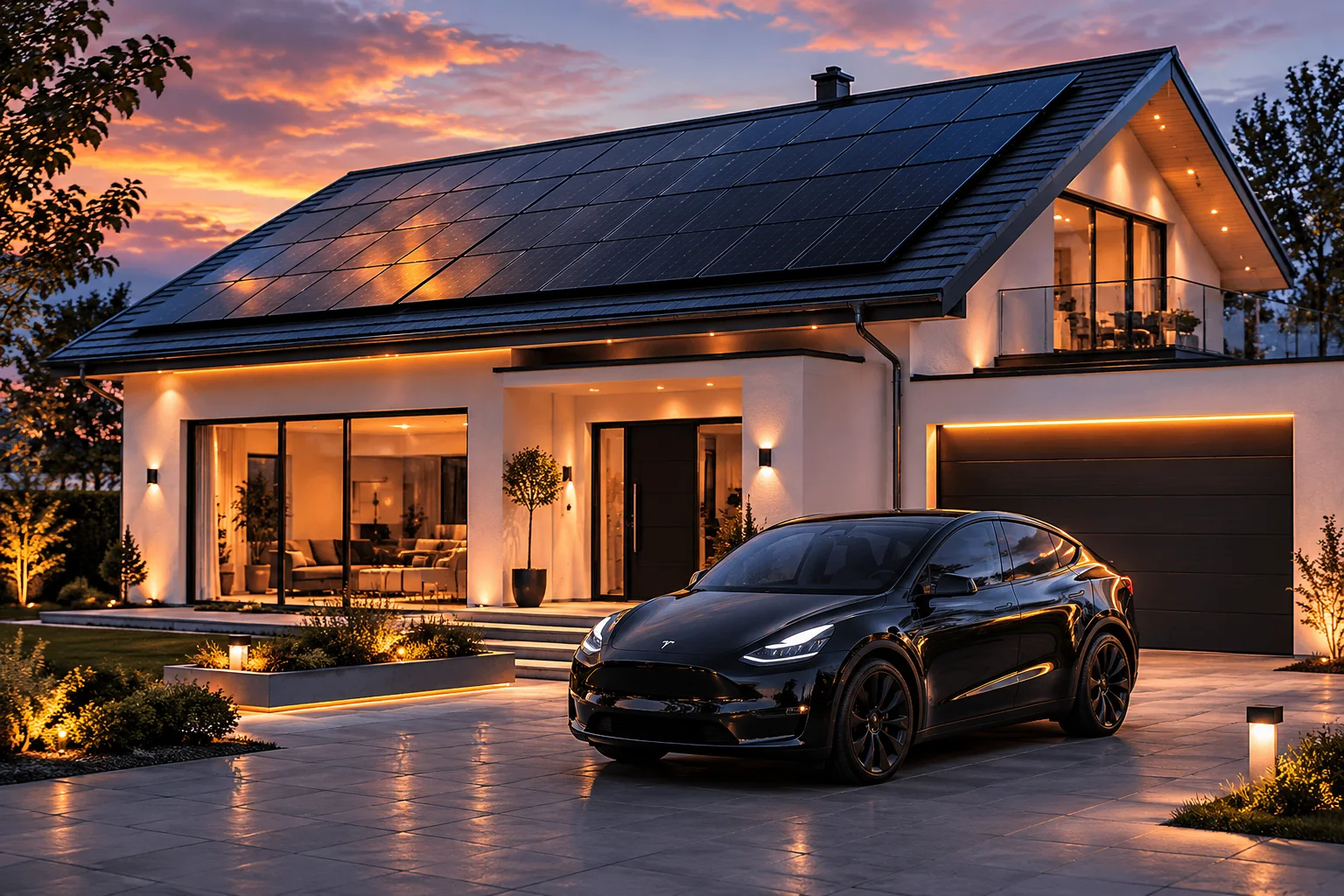Modernes Haus mit Photovoltaik, E-Auto und Abendlicht