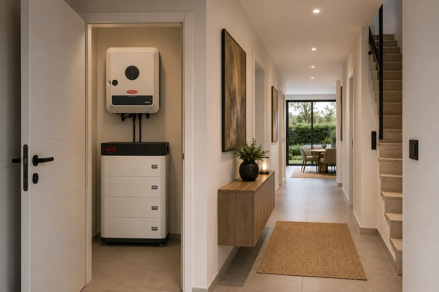 Flur mit Fronius Wechselrichter und BYD Batteriespeicher