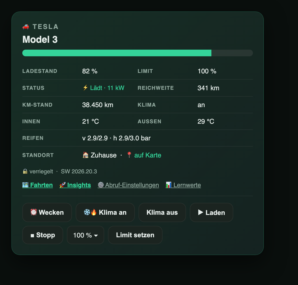 Tesla-Kachel im VistaEnergy-Dashboard: Ladestand, Reichweite, Standort und Fernsteuerung